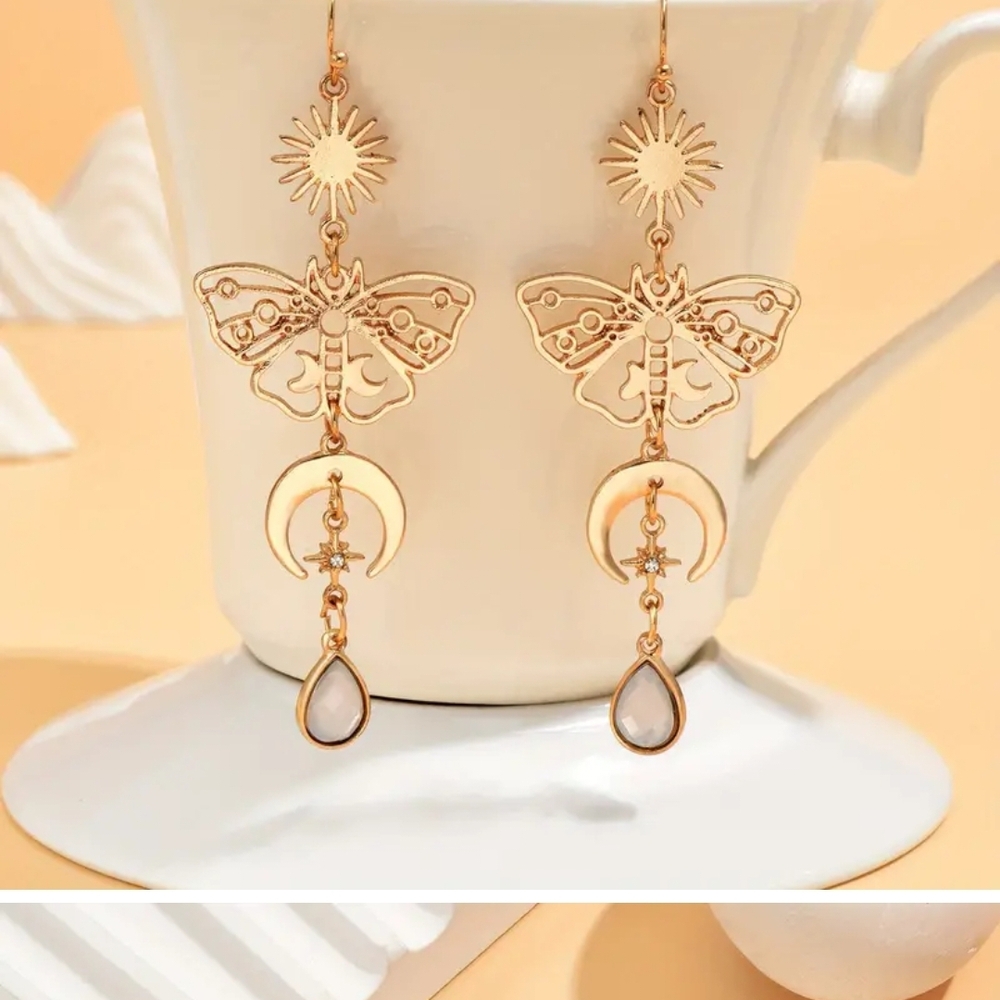 Elegant Gold Butterfly and Moon Earrings